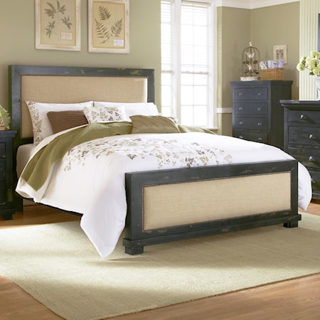 Queen Upholstered Bed with Distressed Pine Frame