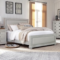 King Upholstered Bed with Distressed Pine Frame