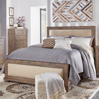 Queen Upholstered Bed with Distressed Pine Frame