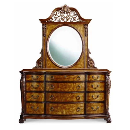 Curved Drawer Front Dresser with Carved Feet and Pilasters and Arched Crown Open Carved Beveled Mirror with Wood Mirror Supports Combo