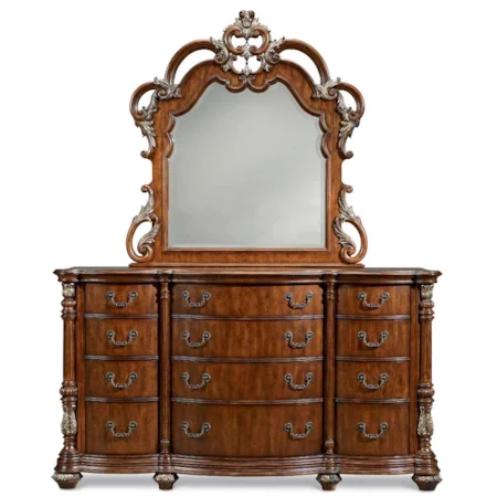 Twleve Drawer Dresser & Open Carved Frame Mirror Combo