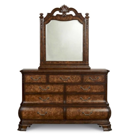 Nine Dovetailed Drawer Dresser with Bomay Shaped Bottom Drawers and Bracket Feet & Open Carved Crown Beveled Glass Wood Framed Landscape Dresser Mirror Combo