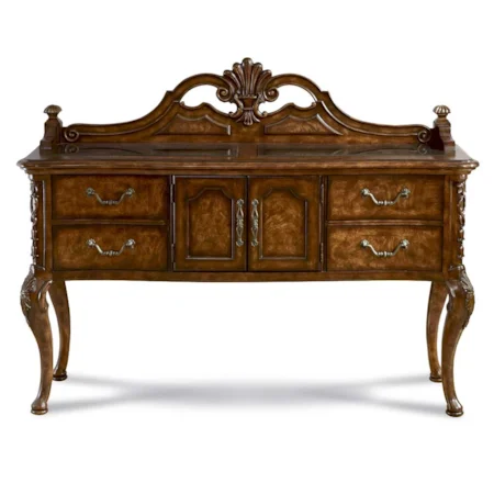 Open Carved Back Sideboard with Four Dovetailed Drawers, Carved Legs, and Antique Brass Finish Hardware