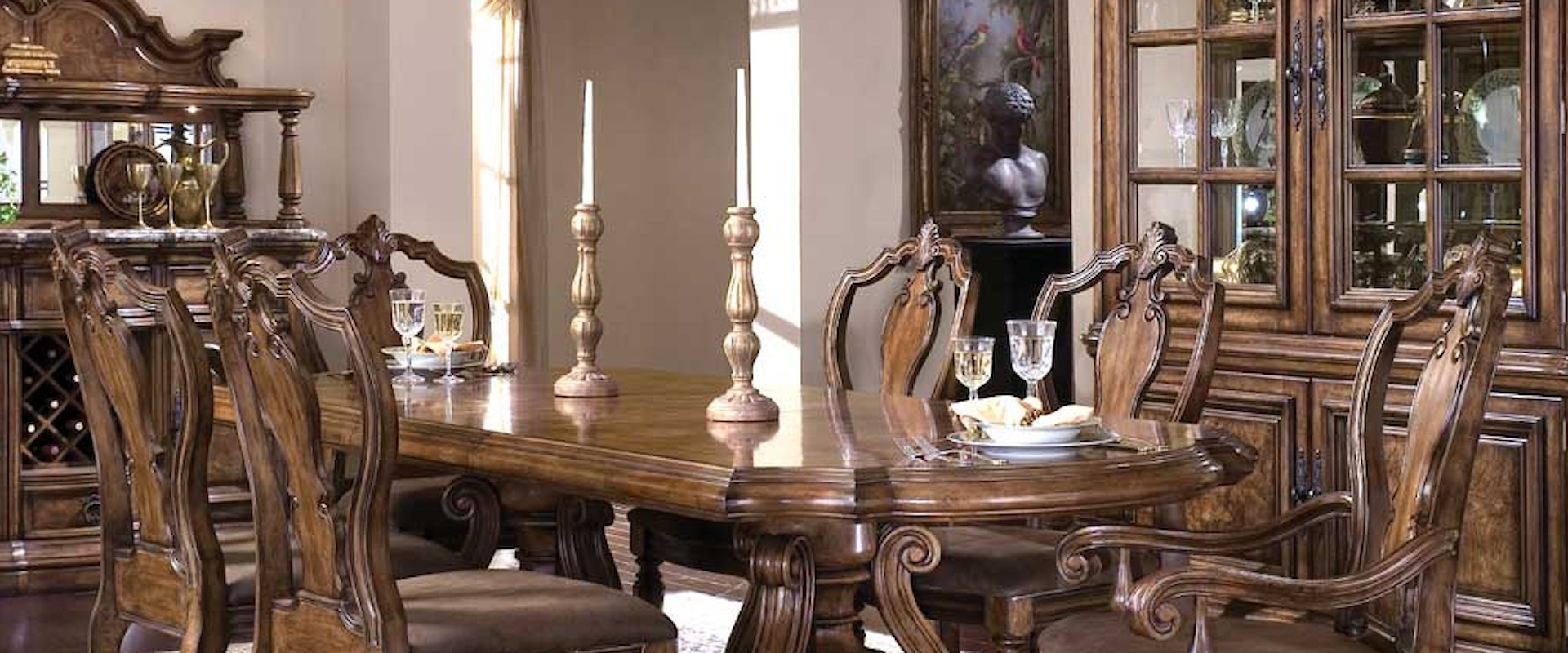 Seven Piece Double Pedestal Oval Top Dining Table and Chair Set