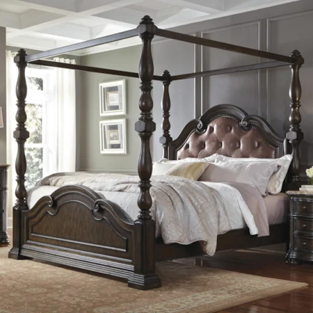 Queen Poster Bed with Upholstered Headboard and Intricate Scrolled Details