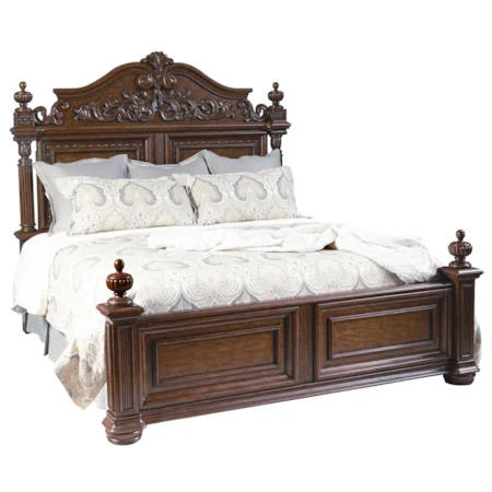 Queen Bed with Intricate Posts and Scrolled Headboard