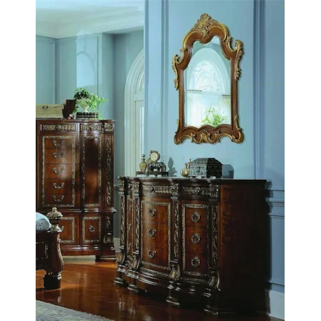 Twelve Dovetailed Drawer Dresser and Carved Frame Wall Dresser Mirror with Detailed Carvings Combo