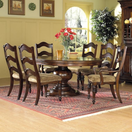 7 Pc. Round Pedestal Table with 2 Upholstered Arm Chair & 4 Upholstered Side Chair Set