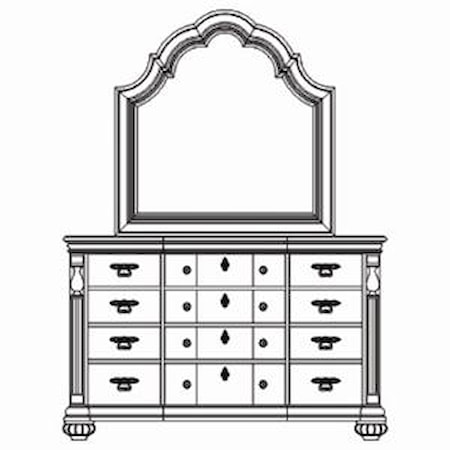 Traditional 12 Drawer Dresser with Scalloped Crown Mirror