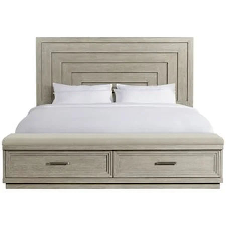 Contemporary Queen Panel Storage Bed with Upholstered Bench
