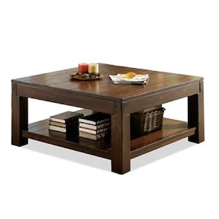 Square Coffee Table with Fixed Bottom Shelf and Block Legs