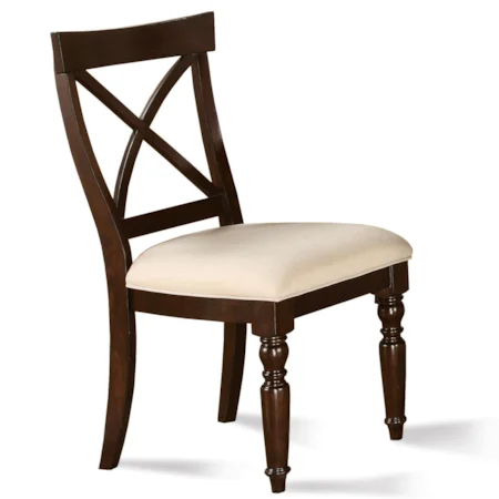 X-Back Dining Side Chair with Front Turned Legs and Upholstered Seat