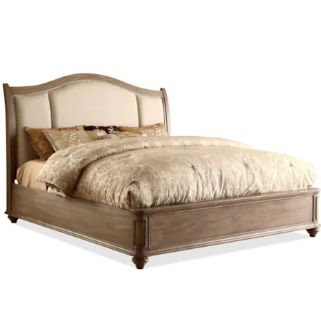 California King Upholstered Sleigh Headboard Bed with Nail Head Trim