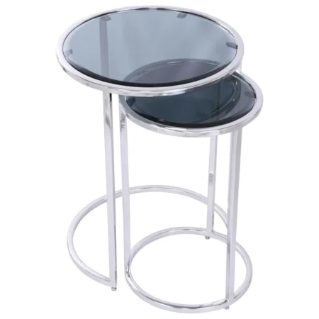 2pc Round Nesting End Table with Black Glass Tops