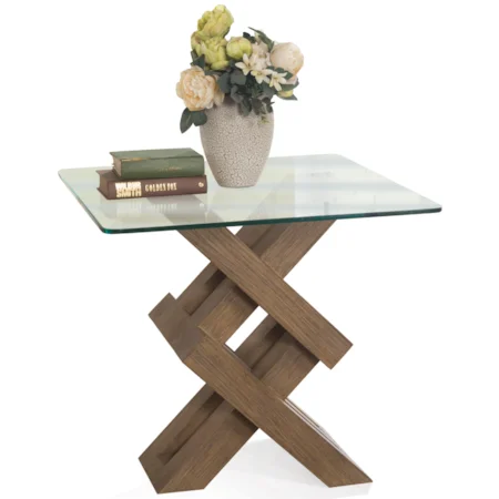 Glass Top Side Table with Geometric Base