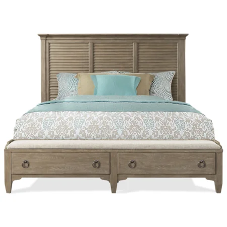 Transitional King Louver Storage Bed with 2 Footboard Drawers
