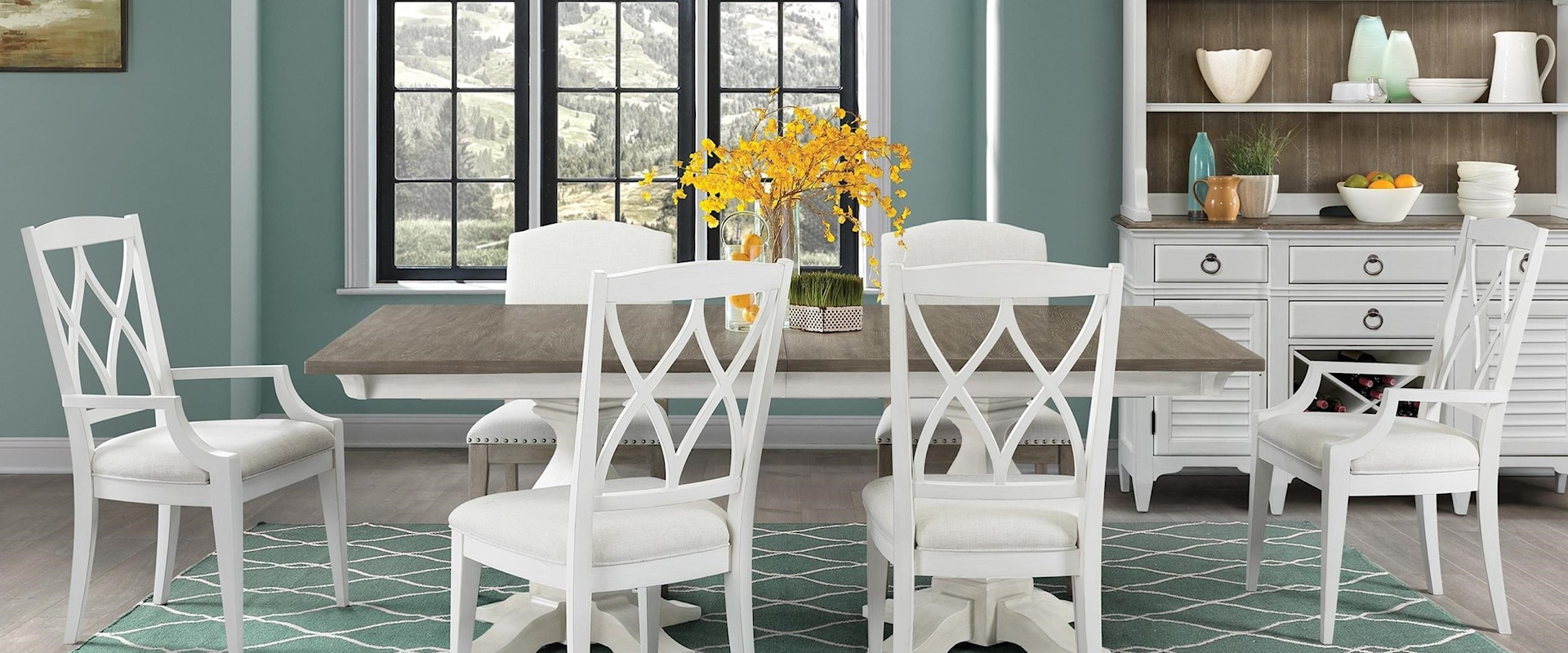 7 Piece Double Pedestal Table and Upholstered XX-Back Chair Set