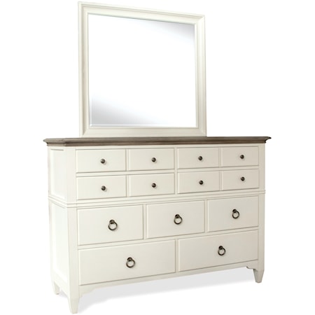 Transitional 9 Drawer Dresser and Shadowbox Mirror Combo