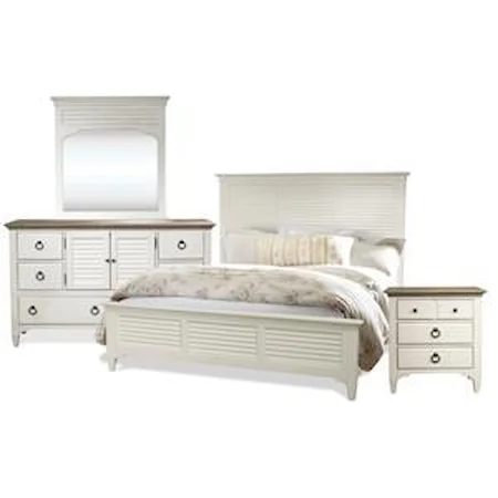 Transitional King Louver Bed, Shutter Drawer Dresser, Landscape Mirror, and 3 Drawer Nightstand