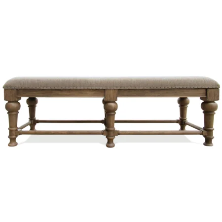 Transitional Upholstered Dining Bench with Performance Fabric & Turned Legs
