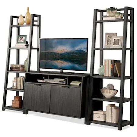 Entertainment Wall Unit with Console and Leaning Bookcases