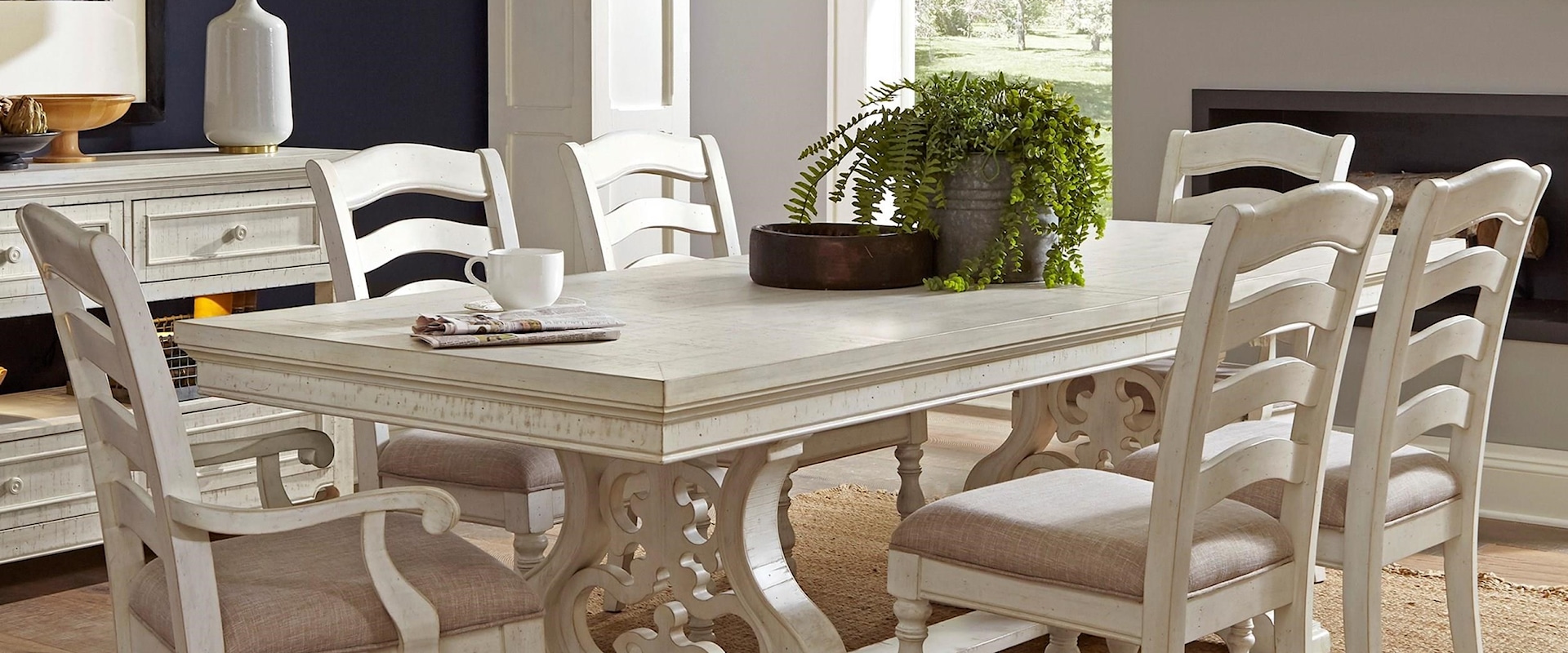 Transitional White Trestle Table and Upholstered Chair Set