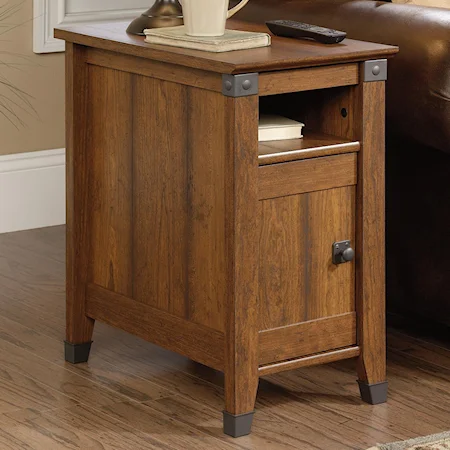 Rustic Style Side Table with Hiden Pull-Out Shelf and Industrial Look Accents