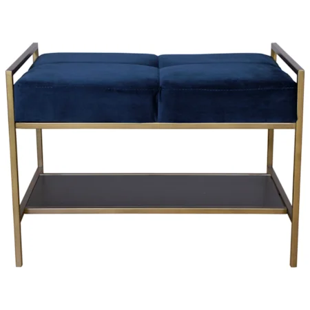 Velvet Upholstered Bench with Brass Finish Frame and 1 Shelf