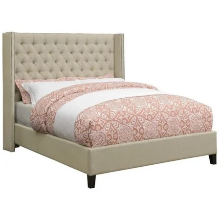 Upholstered Queen Bed with Demi-Wings and Button Tufting