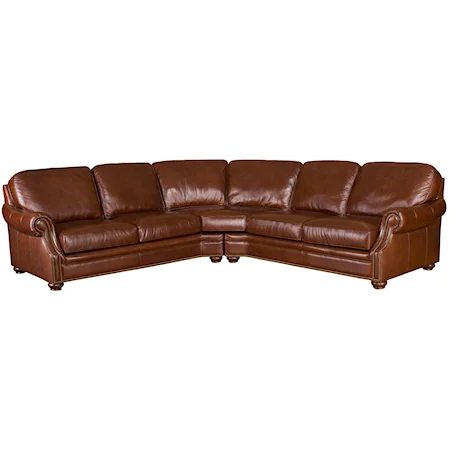 Brown Leather Sectional with Exposed Wood Bun Foot