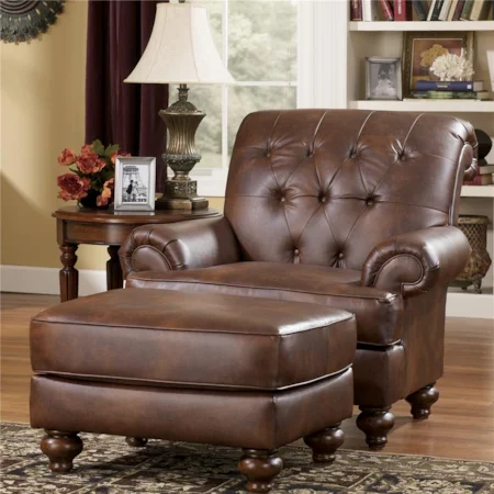 Upholstered Chair & Ottoman with Turned Wood Feet
