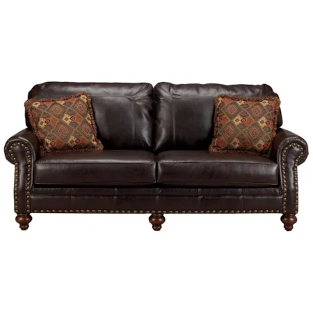 Leather Upholstered Stationary Sofa with Nailhead Trim