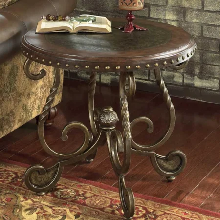 Round End Table With Wooden Top And Metal Legs