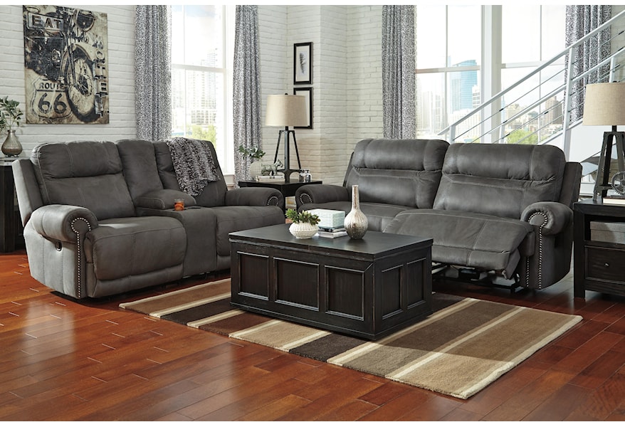 Ashley (Signature Design) Austere 2 Seat Reclining Sofa with Rolled Arms  and Nailhead Trim, Johnny Janosik