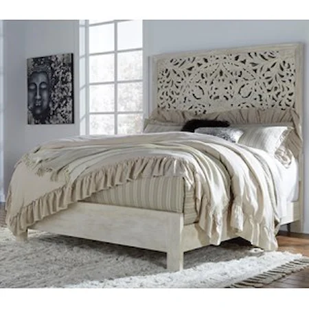 Solid Wood Queen Panel Bed with Hand Carved Details in White Finish