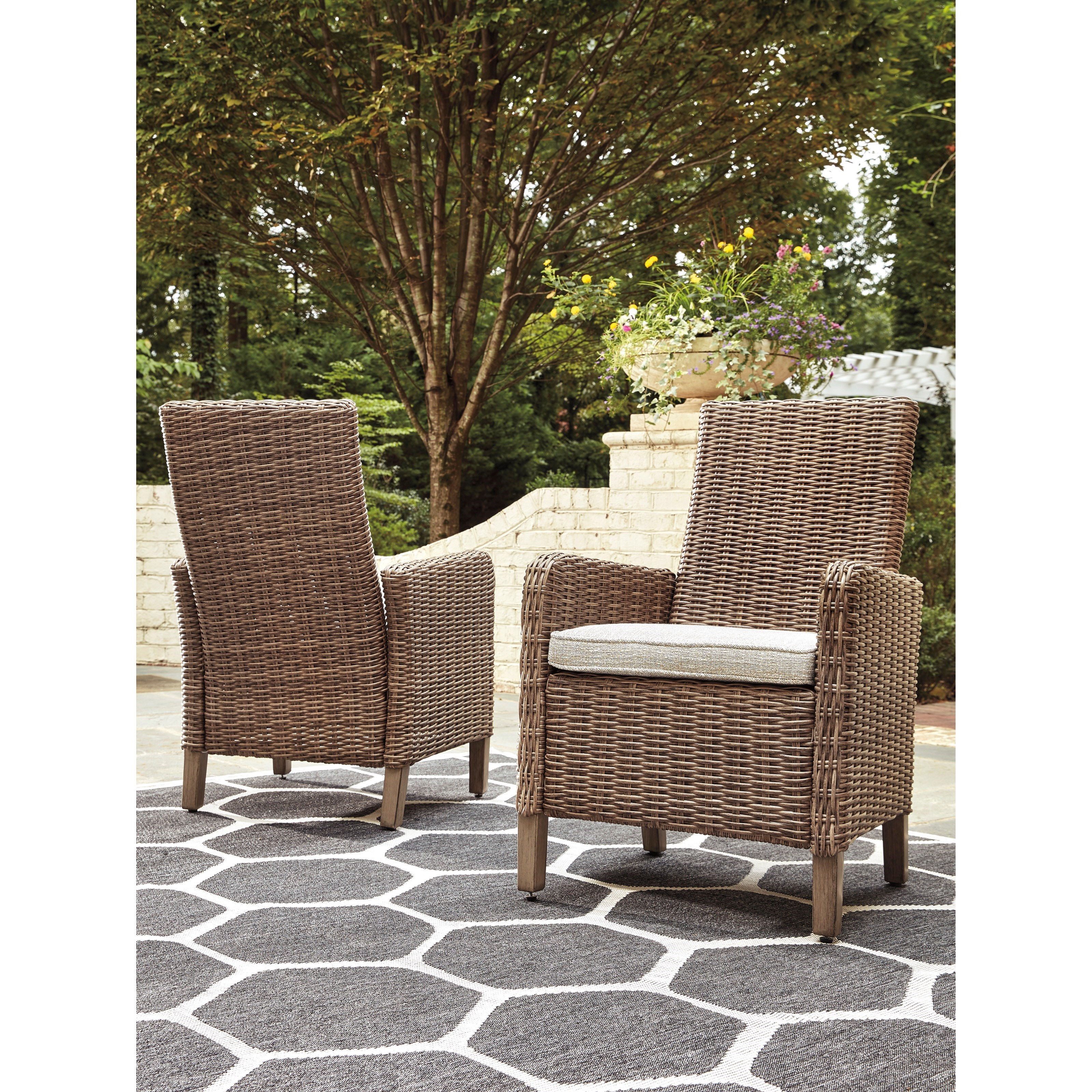 Signature Design by Ashley Beachcroft P791 601A C Wicker Arm Chair with Cushion Mankato Mattress Man Outdoor Dining Arm Chair