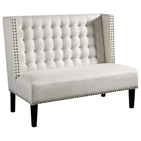 Oatmeal Fabric Accent Bench/Settee with Tufted Wing Back and Nailhead Trim