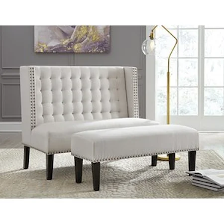 Oatmeal Fabric Accent Bench/Settee with Tufted Wing Back and Nailhead Trim