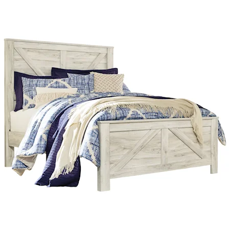 White Finish Farmhouse Style Queen Panel Bed with Cross-Buck Design