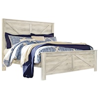 White Finish Farmhouse Style King Panel Bed with Cross-Buck Design