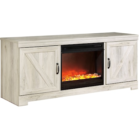Large TV Stand in Rustic White Finish with Fireplace