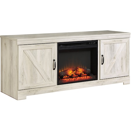 Large TV Stand in Rustic White Finish with Fireplace