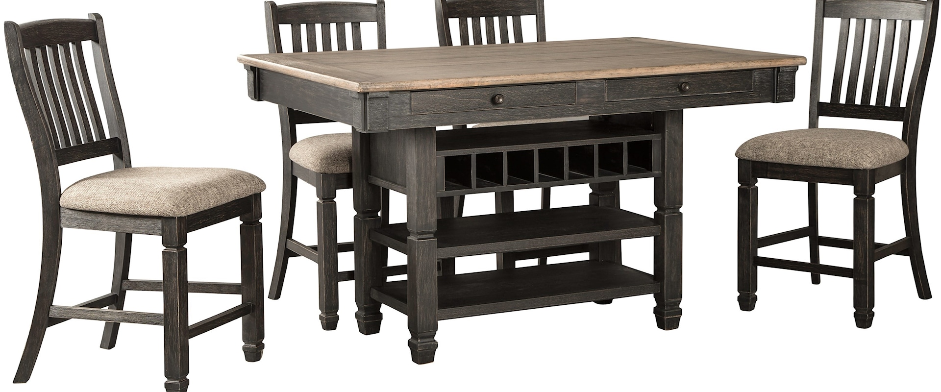 Dining Set includes Counter Table, 4 Stools and Wine Storage 