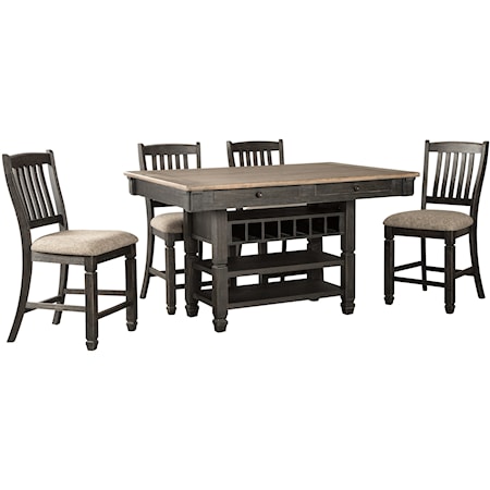 Relaxed Vintage 5-Piece Counter Table with Wine Storage and Stool Set