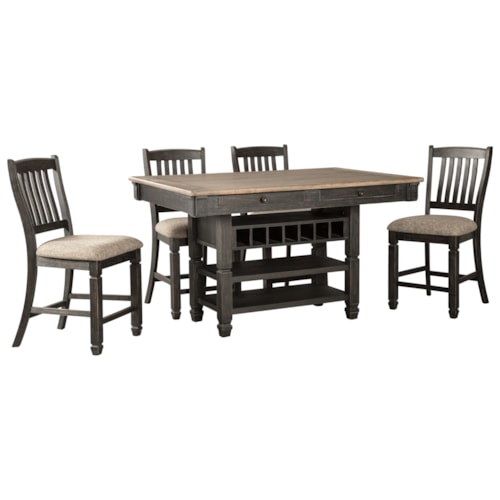 Relaxed Vintage 5-Piece Counter Table with Wine Storage and Stool Set