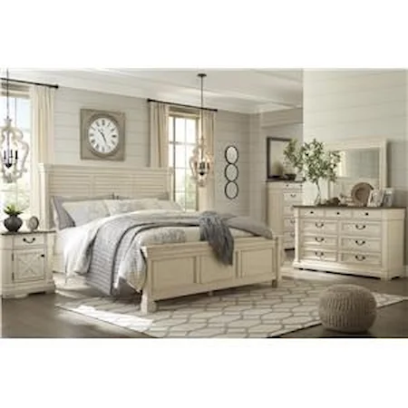 King Panel Bed with Louvered Headboard, Dresser, Mirror and Nightstand Package