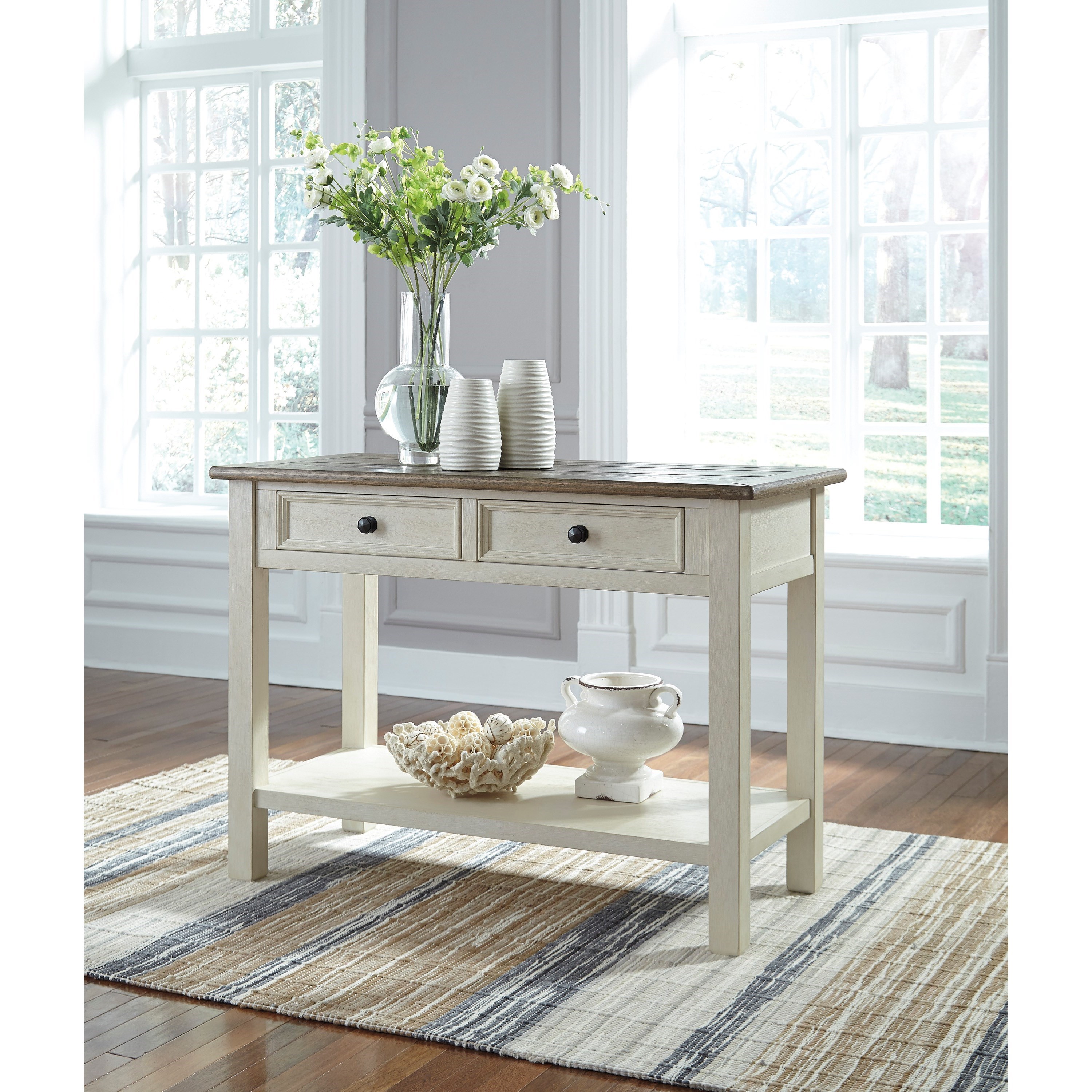 Signature Design by Ashley Bolanburg T637 4 Sofa Table with 2 Drawers HomeWorld Furniture Sofa Console Table