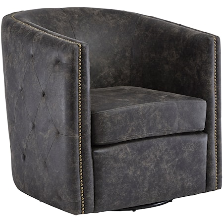 Distressed Black Faux Leather Barrel Back Swivel Chair