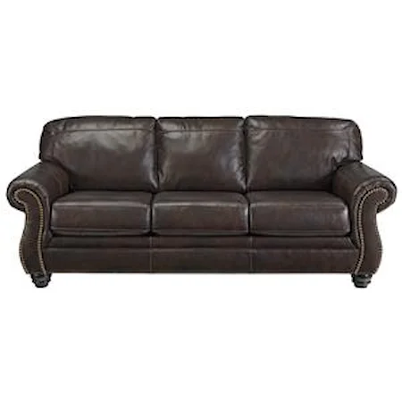 Traditional Leather Match Sofa with Rolled Arms & Nailhead Trim