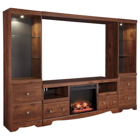 Cherry Finish Large TV Stand with Fireplace Insert, 2 Tall Piers, & Bridge